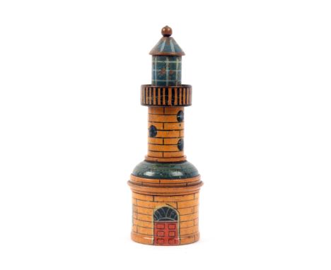 A very rare early Tunbridge ware white wood paint decorated sewing companion in the form of a lighthouse, in three sections, 