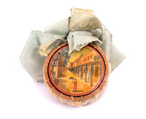 An early Tunbridge ware print decorated white wood hanging pin cushion of circular form, one side with a titled colour print 