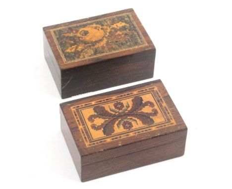 Two small rectangular Tunbridge ware boxes both with oval stamp for Thomas Barton, both with pull off lids, one with floral m