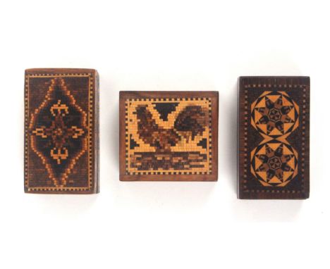 Three small Tunbridge ware boxes, comprising a square example, the pull off lid with a mosaic of a cockerel, the lid interior