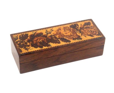 A Tunbridge ware rosewood box stamped for Edmund Nye, of small rectangular form, the pull off lid with a mosaic panel of flow