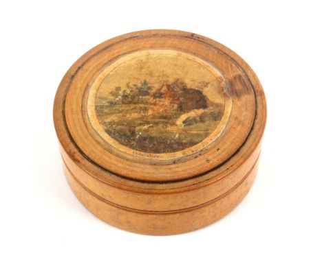 A rare early Tunbridge ware white wood and print decorated secret or trick box, probably for snuff, of circular form, the box