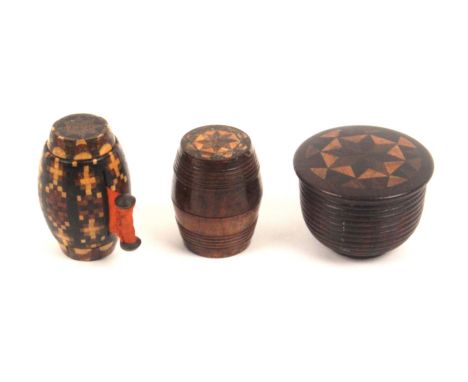 Tunbridge ware - three pieces, comprising an unusual barrel form mosaic tape measure, the original ink tape commencing at _ i