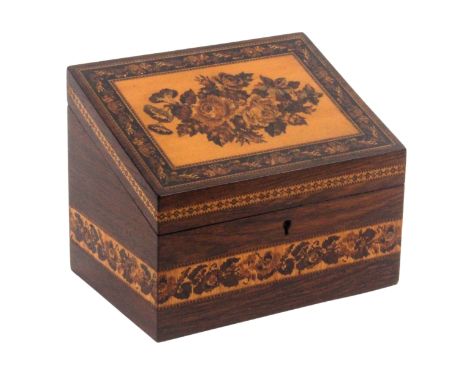 A Tunbridge ware rosewood stationery box, of rectangular form, the sides with a broad band of floral mosaic below a narrow ba