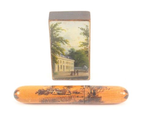 A Spa work needle packet case and a needle case, the first of rectangular form with pull off cover painted to each large side