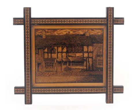 A fine Tunbridge ware framed panel of Shakespeare's Birthplace, Stratford upon Avon, attributed to Henry Hollamby, the panel 