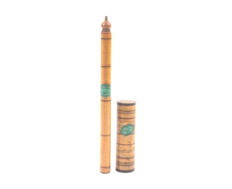 An early Tunbridge ware white wood cylinder ruler and a penner, the first with line painted decoration and black on green ova