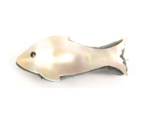 A mother of pearl pin cushion in the form of a fish, with stanhope as eye, one side with carved decoration, the stanhope (A M