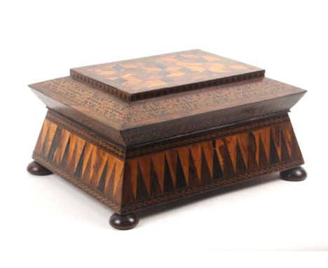 A large Tunbridge ware sewing box labelled for H. Burrows, of sarcophagol form and raised on rosewood bun feet. The sloping s