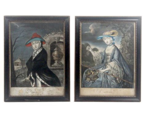 A set of four 18th Century hand coloured mezzotint engravings emblematic of the seasons, each depicting a fashionably dressed