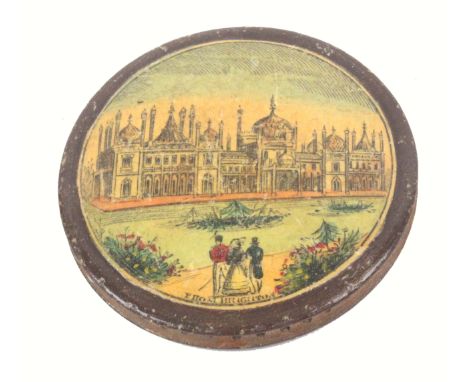 An early Tunbridge ware white wood print decorated pin wheel, one side with a titled circular colour print titled 'From Brigh