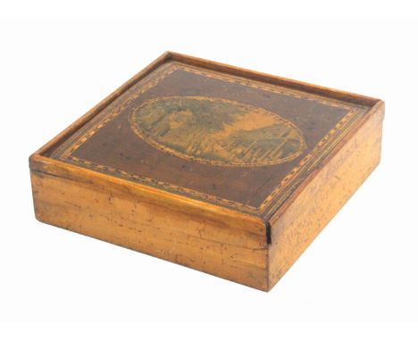 An early Tunbridge ware inlaid and print decorated white wood box of square form, the sliding mahogany lid with multiple inla