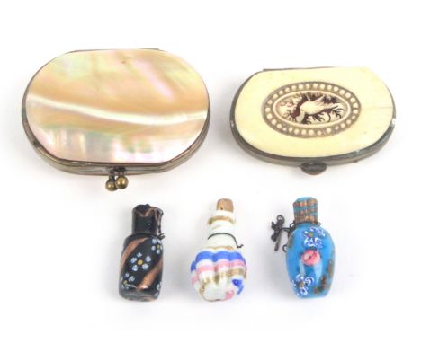 Two purses and three scent bottles, comprising a mother of pearl mounted three division purse, 6.2cms, another in bone, one s