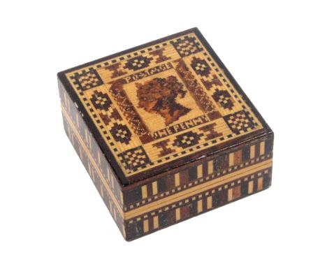 A Tunbridge ware rectangular stamp box, the sides in stick ware, the lid with a fine mosaic panel of young Queen Victoria hea