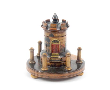 A very rare early Tunbridge ware white wood paint decorated turret form sewing companion, the circular base raised on three b