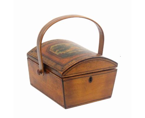 An early Tunbridge ware print and paint decorated white wood small sewing pannier, the domed lid with a painted panel of a co