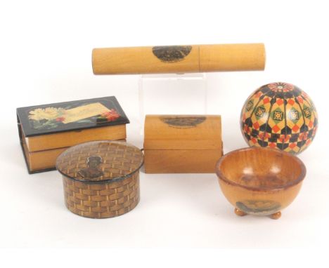 Mauchline ware - sewing - six pieces, comprising a wool bowl (Rough Sea, Bognor), 9cms, a dome top reel trunk (Marine Parade,