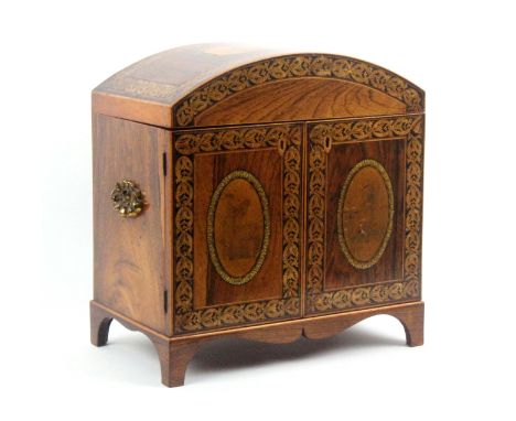 An early Tunbridge ware rosewood, print and penwork decorated table cabinet attributed to George Wise, the domed hinged lid w