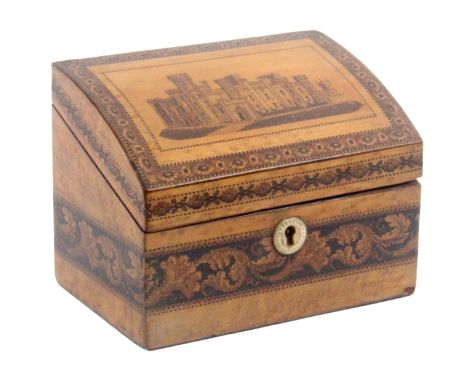 A Tunbridge ware burr maple stationery box with a fine mosaic view of Eridge Castle, probably by Alfred Talbot, of rectangula