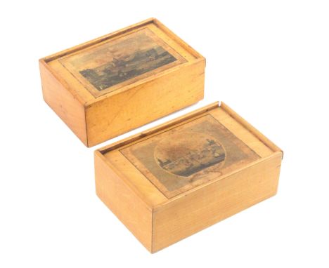 Two early Tunbridge ware white wood print decorated boxes, both of rectangular form with sliding lids, one decorated with a m