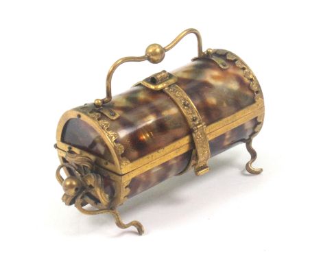 A French tortoiseshell and gilt mounted sewing box for a child or doll, circa 1870, the tortoiseshell cylinder body with elab