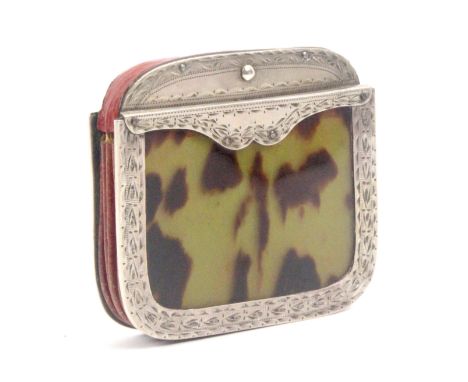 A Georgian silver, tortoiseshell and red leather purse, each side with tortoiseshell panel within engraved silver border, the