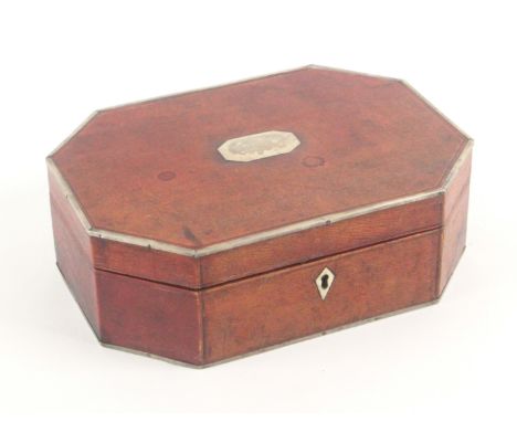 A well preserved George III red leather covered sewing box with original ivory fittings, circa 1780, of elongated octagonal f