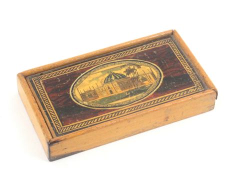 An early Tunbridge ware white wood print and paint decorated box, of rectangular form, the sliding lid with an oval colour pr