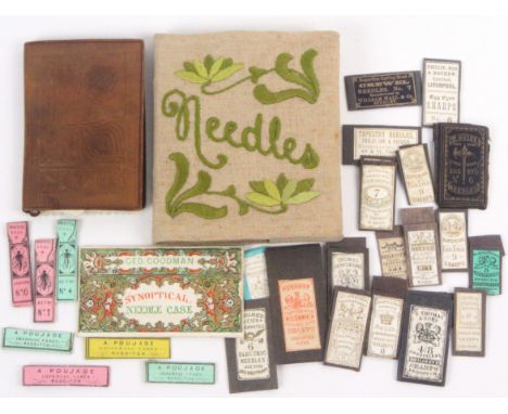 Two needle books, needle packets and a Synoptical needle case, comprising a leather needle book in the Arts and Crafts style,