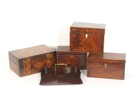 A George III inlaid rectangular tea caddy, 19cms wide, two others, a Victorian inlaid walnut box and an Edwardian shell inlai