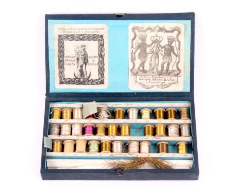 A rare sample box of gold, silver and other metallic threads on wooden reels, 'Giorgio Adamo Beckh', Nuremberg, circa 1750, t