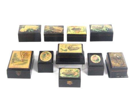 Mauchline ware - ten pieces, all black ground rectangular boxes comprising - (floral/Souvenir of The Isle of Man), 7.5cms, (f