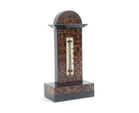 A Tunbridge ware rosewood standing thermometer by 'G + J Burrows, Lewes', the rectangular base with a band of stick ware belo