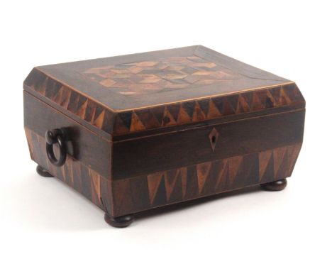 An early Tunbridge Van Dyke decorated rosewood dressing/jewellery box, of sarcophagol form raised on four bun feet with ring 