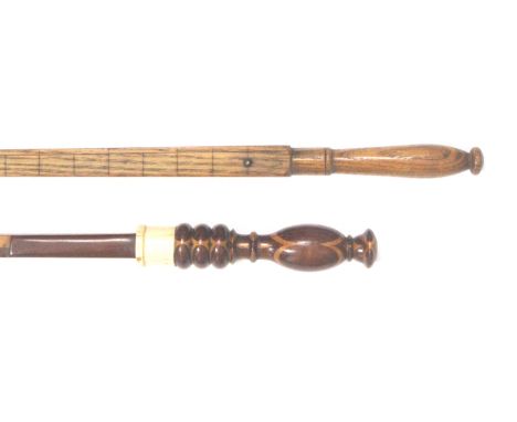 Two Dutch Ells or Ellematts, comprising an example with stick ware baluster handle over a bone collar, the square tapering sh