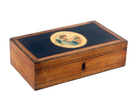 An early Tunbridge ware white wood print decorated playing card box, of rectangular form, the sides with line decoration, the