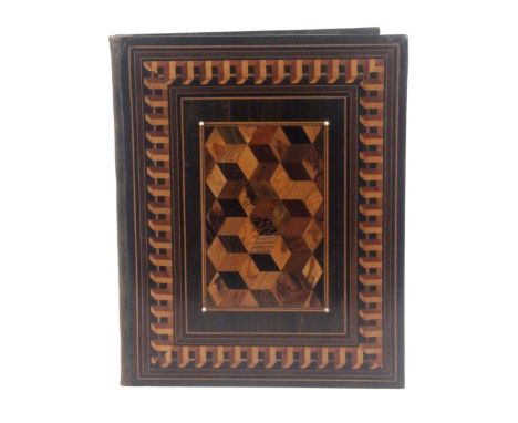 A fine Tunbridge ware coromandel wood blotter book, probably by Edmund Nye, the cover with a panel of cube work with ivory do