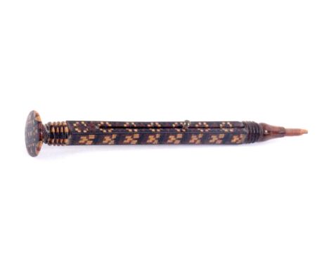 A scarce Tunbridge ware sliding pencil, the stick ware button top over a square section mosaic shaft with slider to one side 