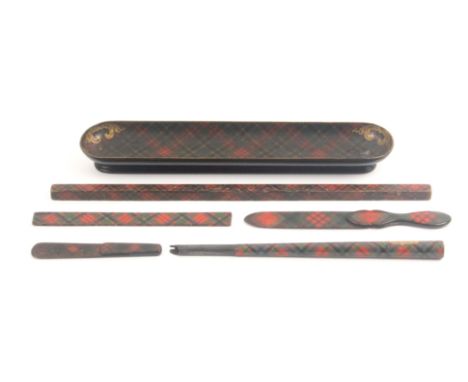 Tartan ware - six pieces, comprising a rounded end rectangular pen tray (M'Beth), 25.5cms, a square section ruler (Clan Stuar