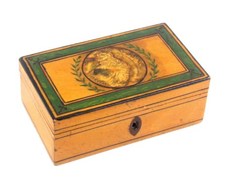 An early Tunbridge ware white wood, print and paint decorated box, of rectangular form, line painted sides with oval inlaid e