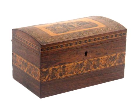 A Tunbridge ware rosewood tea caddy with a mosaic view of Eridge Castle, of rectangular form, the sides with a broad band of 