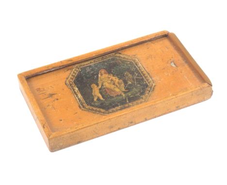 An early Tunbridge ware white wood print decorated miniature paint box, of rectangular shallow form, the sliding lid with a c