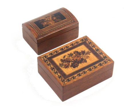 Two small Tunbridge ware boxes by TWMC, comprising a mahogany rectangular example, the hinged lid with a floral mosaic panel 