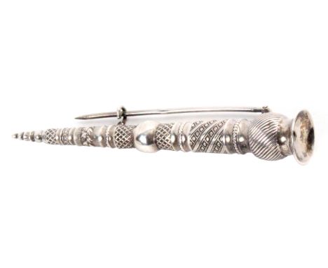 A Dutch silver knitting stick for a child, of tapering cylinder form with bands of decoration, hinged pin, various indistinct