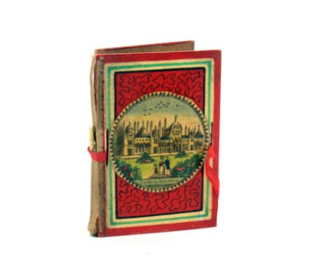 An early Tunbridge ware white wood print and paint decorated needle book, the unusual bright red background with painted spon
