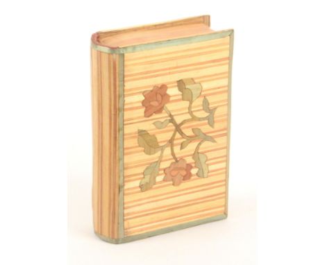 A French splint and coloured straw work book form sewing companion, circa 1850, each 'board' with a flower spray, the lid int