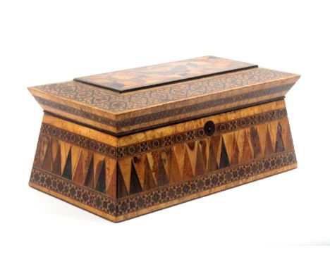 A Tunbridge ware burr ash tea caddy, the sloping sides inlaid with Van Dykes between borders of stick ware, the circular rose