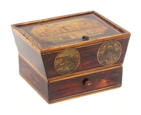 An early Tunbridge ware print and paint decorated white wood sewing box in simulated rosewood, the rectangular base with draw