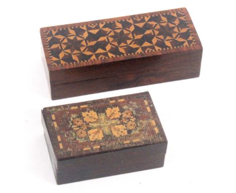 Two small rectangular rosewood boxes by Edmund Nye, the first with pull off lid in stick ware with internal printed label 'Ny