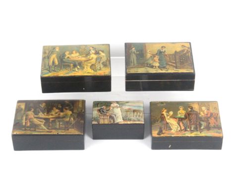 Mauchline ware - five rectangular boxes, all with full lid colour prints, three of figures seated at or around tables in room